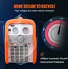 A marketing image for a refrigerant recovery machine, showing the product and highlighting its safety features. Podgląd zdjęcia produktu