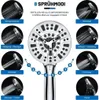 A collage of images showcasing different spray modes of a shower head, with a central image of the shower head itself and numbered indicators pointing to various spray patterns. Produktbild-Vorschau