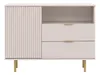 A front view of a light-colored cabinet with fluted door and drawers, standing on gold metal legs. Produktbild-Vorschau