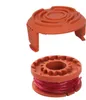 A spool of trimmer line and its cover, both orange, are shown against a white background. Náhled obrázku produktu
