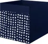 A dark blue storage cube with a white polka dot pattern on one side and a solid dark blue on the other three sides. The top is open. Produktbild-Vorschau