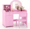 A pink children's vanity table and stool set with a mirror and storage. Produktbild-Vorschau
