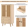 A product image showcasing a wooden cabinet with rattan details, accompanied by descriptive text and close-up views of its features. Produktbild-Vorschau