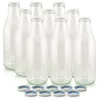 Neun wieder verwendbare 1-Liter-Milchflaschen Klarglas mit weißen Deckeln und Ersatzdeckeln Produktbild-Vorschau