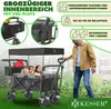 A man is pushing a large wagon with two children inside, with promotional text and graphics overlaid. Produktbild-Vorschau