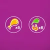 Two circular icons on a purple background, each depicting a food item and a quantity. Produktbild-Vorschau