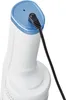 Close-up of the top of a white handheld vacuum cleaner with a blue cap, showing a charging cable plugged in. Produktbild-Vorschau