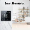 A smart thermostat mounted on a marble wall, with a blurred background of a room with shelves. Produktbild-Vorschau