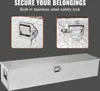 A silver aluminum toolbox with diamond plate texture is shown. Two close-up insets highlight the locking mechanism and handle with a key. Produktbild-Vorschau