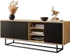 A TV cabinet with black doors and wooden shelves, decorated with a vase of dried flowers, a bowl, and a statue of a bird. Produktbild-Vorschau