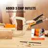 A person is using a C-clamp to hold wood pieces together, with a close-up inset showing a jig with "3 CHIP OUTLETS" text. Náhled obrázku produktu