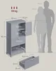 A diagram showing the dimensions of a gray cabinet with two human silhouettes for scale. Produktbild-Vorschau