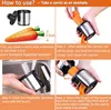 A collage of four images demonstrating how to use a vegetable spiralizer with a carrot. Produktbild-Vorschau