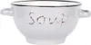 A white ceramic soup bowl with two handles and the word "Soup" embossed on the front. Produktbild-Vorschau