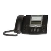 A black desk phone with a handset and a coiled cord, shown from a side-angle on a white background. Produktbild-Vorschau