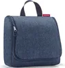 A dark blue toiletry bag with a herringbone pattern is shown against a white background. Produktbild-Vorschau