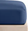 A close-up view of a navy blue fitted sheet on a mattress. Produktbild-Vorschau