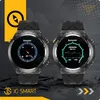 Two smartwatches are displayed side-by-side against a dark, textured background with yellow accents. Podgląd zdjęcia produktu