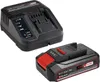 A black battery charger and a black battery pack with red accents are shown against a white background. Produktbild-Vorschau