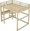 A wooden loft bed with a desk and shelves. Produktbild-Vorschau