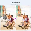 A split image showing a couple kissing in front of colorful buildings on the left, and the same couple in the same pose on the right, with a purple arrow indicating a transition or enhancement. Produktbild-Vorschau
