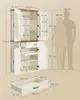 A diagram showing the dimensions of a VASAGLE kitchen cabinet, with silhouettes of two people for scale. Produktbild-Vorschau