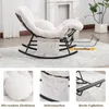 A collage of images showing a beige rocking chair with a steel frame and side pockets, along with close-ups of its features. Produktbild-Vorschau