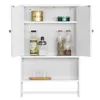 A white wall-mounted cabinet with its doors open, displaying various items on its shelves. Produktbild-Vorschau