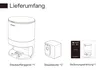 An illustration showing the contents of a product package, including a charging station, dust bags, and a manual. Voir les images du produit