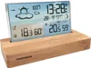 A digital weather station with a wooden base, displaying time, date, temperature, and humidity. Náhled obrázku produktu