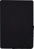 A black fitted sheet is shown flat with the elasticized corner visible in the bottom right. Produktbild-Vorschau