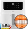 A white Medion air fryer is shown from the front, with a close-up inset of the heating element. Voir les images du produit