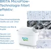 A BRITA water filter cartridge is shown next to text describing its filtering capabilities and illustrative images of the filtering process. Produktbild-Vorschau