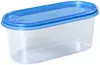 A clear, studio shot of an oval plastic food storage container with a blue lid, isolated on a white background. Produktbild-Vorschau