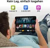 A person is lying on a couch, holding a tablet that displays a movie streaming interface. Above the tablet, icons and text highlight product features like Android 15, 2.4G/5G WiFi, and GPS. Náhľad obrázku produktu
