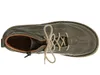 A top-down view of a green leather boot with tan laces. Voir les images du produit