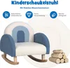 A children's rocking chair with rainbow-colored accents, presented with marketing icons and text highlighting its features, alongside a stack of logs. Anteprima dell’immagine prodotto