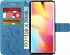 A blue flip case for a smartphone, showing credit cards and euro banknotes inserted into the case's compartments. Produktbild-Vorschau