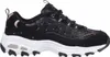 A side view of a black Skechers sneaker with rose gold accents and a white sole. Voir les images du produit