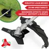 A close-up view of a string trimmer head and blade, with a section of grass and a marketing overlay. Produktbild-Vorschau
