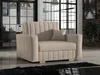 A beige sofa with a pillow is shown in a modern living room with large windows and a brick wall. Náhled obrázku produktu