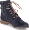 A single blue suede boot with brown laces and a brown sole is shown against a white background. Podgląd zdjęcia produktu