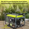 A generator is placed on a wooden deck with plants in the background. Text overlays highlight features. Podgląd zdjęcia produktu