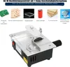 A collage of images showing a mini table saw and examples of materials it can cut, along with text describing its features. Produktbild-Vorschau