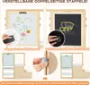 A collage of images showing a double-sided easel for children, highlighting its features like the whiteboard, chalkboard, and adjustable height. Produktbild-Vorschau