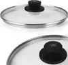 Two close-up views of a glass pot lid with a black handle. Podgląd zdjęcia produktu