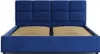 A blue upholstered bed frame with a slatted base, shown from the front. Produktbild-Vorschau