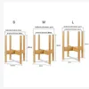 Three sizes of wooden plant stands are shown with dimensions labeled. Produktbild-Vorschau