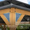 Close-up of the corner of a wooden gazebo with a metal roof, highlighting the cedar frame. Produktbild-Vorschau