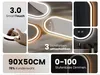 A collage of images showcasing a LED bathroom mirror with various features and dimensions. Produktbild-Vorschau